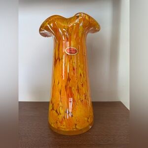 Murano Orange and Yellow Ruffled-Top Glass Vase
